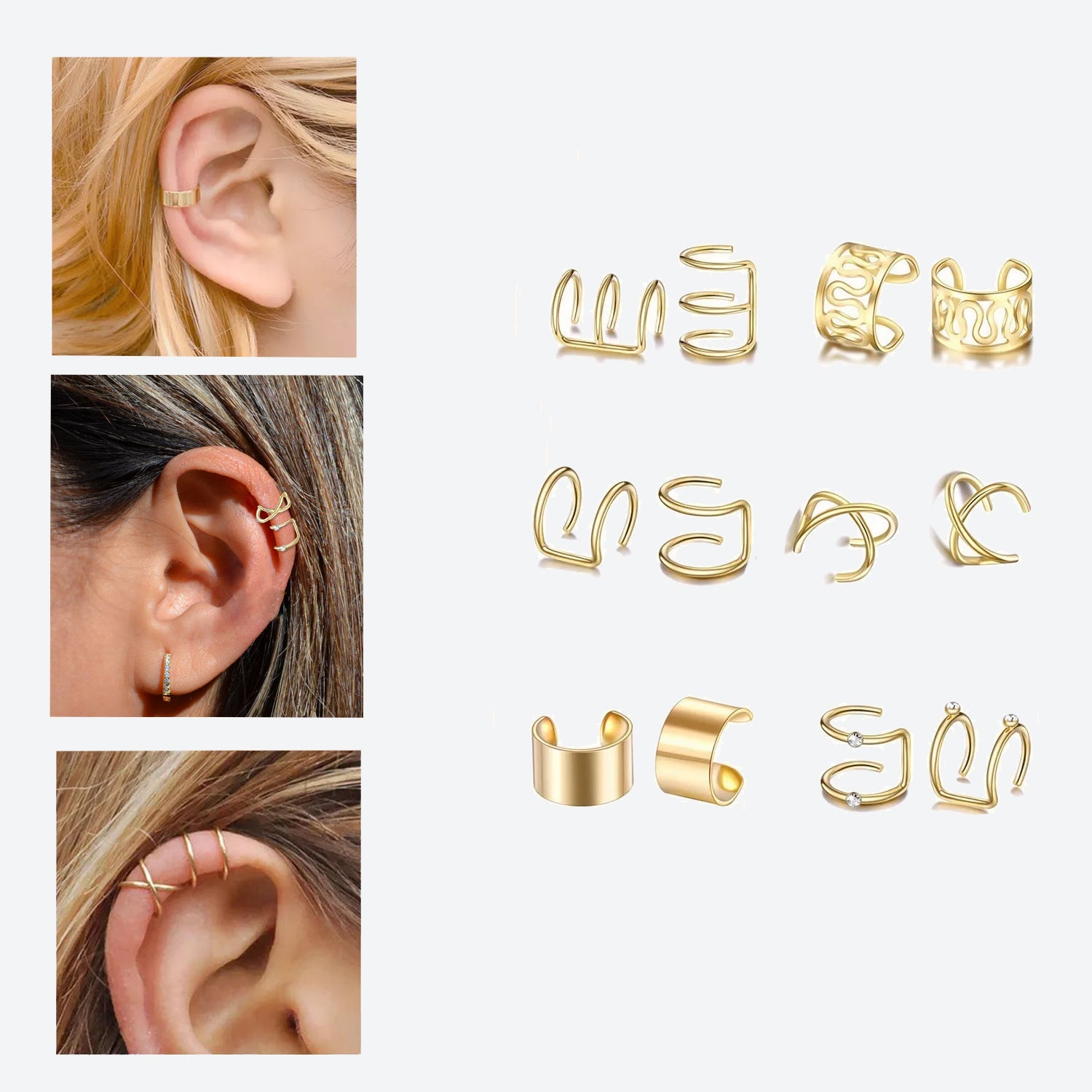 Ear Cuff Piercing Falso Oro 12 piezas Aretes Mujer [TOK1681] - Zapaterias Torreon